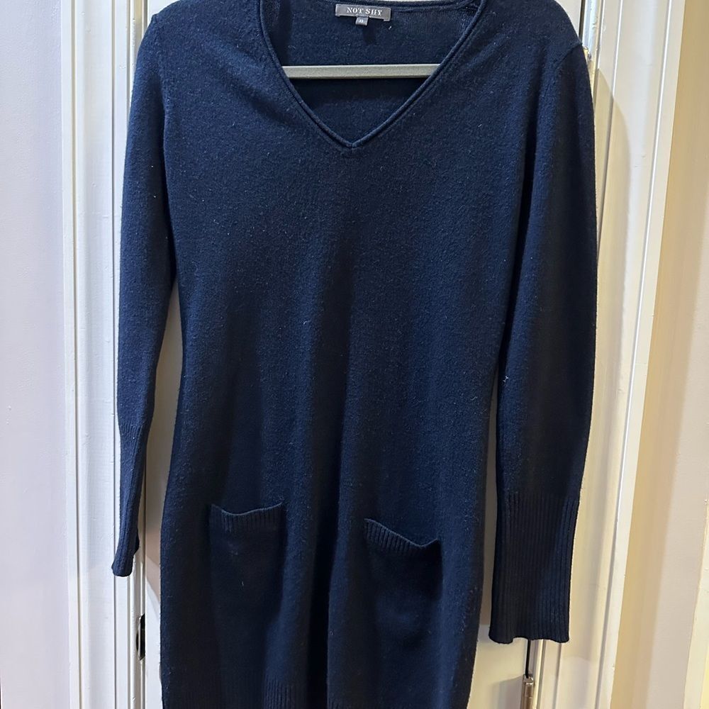 100% Cashmere Dark Navy V-Neck Sweater Dress